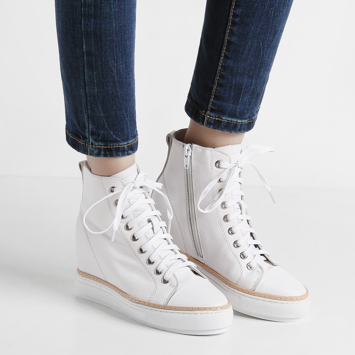 小p良品铺 真皮松糕厚底高帮鞋内增高牛皮鞋圆头坡跟系带女鞋