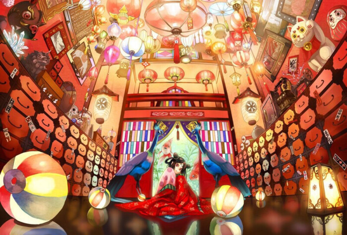古装 少女 小清新 温馨 治愈 灯笼 招财猫 金鱼 萌 二次元 高清 插画