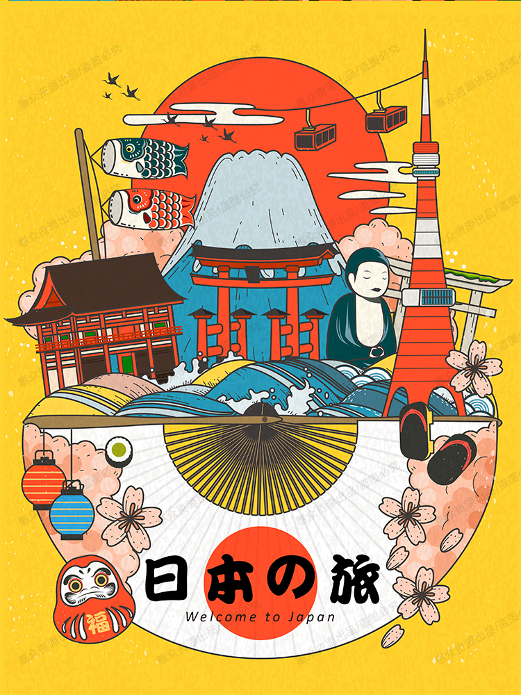 【点击 购买 】18p 日本旅游扁平化风景建筑海报插画ui矢量喷印刷eps