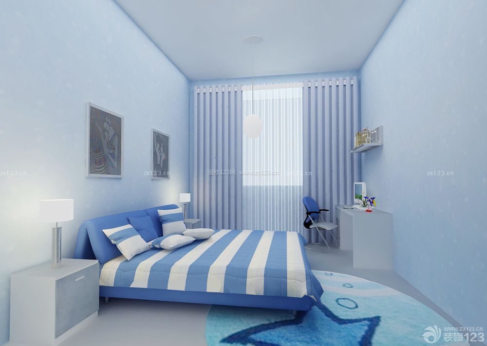 两居室现代简约卧室蓝色墙面装修效果图片