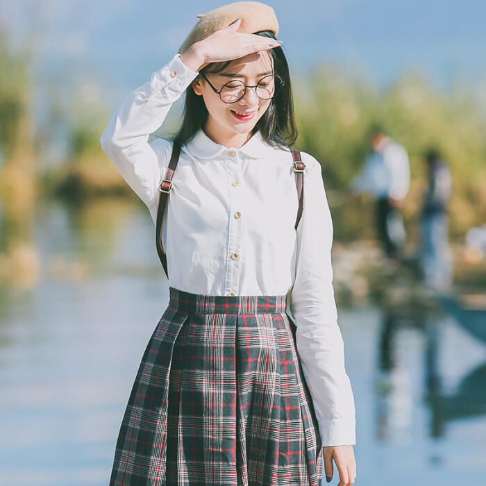 2017春季灯芯绒白衬衫女学生长袖修身韩范学院风打底衬衣上衣