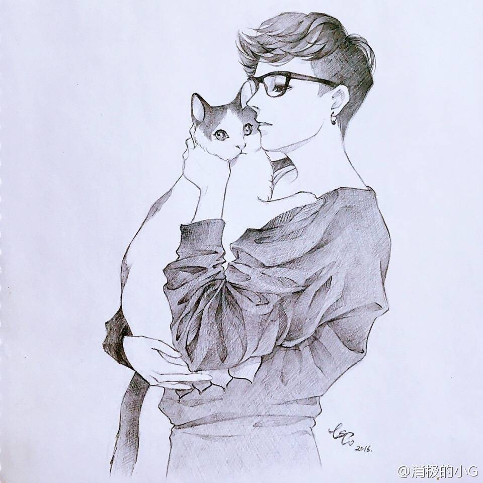 男人和猫手绘图片