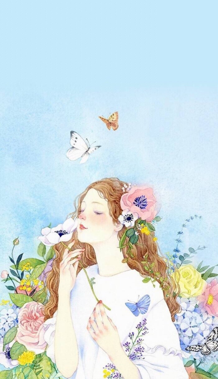 hi 壁纸 蓝色系.花间女孩.女头.仙女.卡通手绘.锁屏平铺