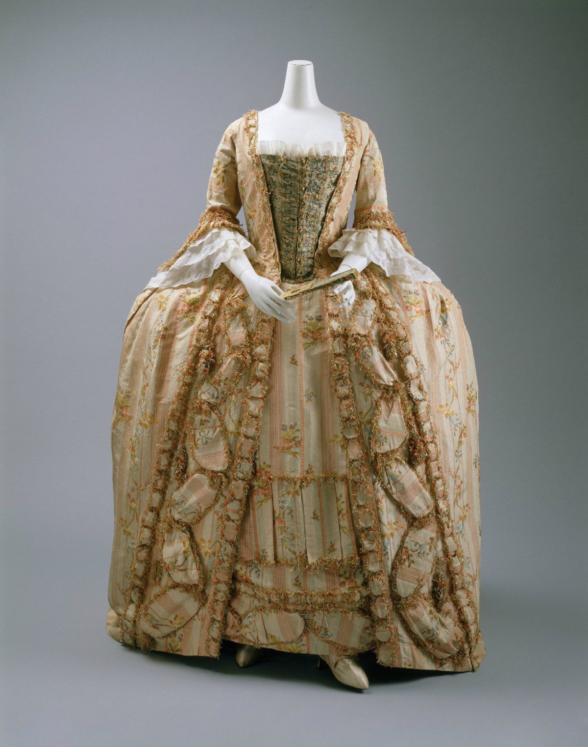 法式女袍,1775~1780年,法国,浅红与白色相间条纹丝