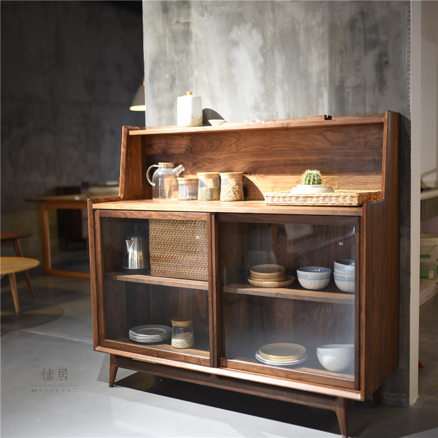 愫居 黑胡桃橡木实木餐边柜 玻璃移门边柜