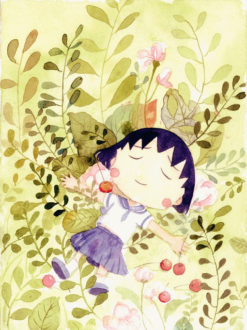 唯美小清新的樱桃小丸子水彩插画图片