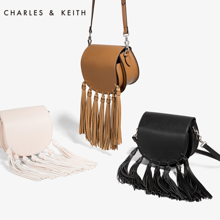 charles&keith时尚女包,charles&keith女包 charles&keith 马鞍包 ck280780310 欧美流苏马鞍单肩包斜挎包