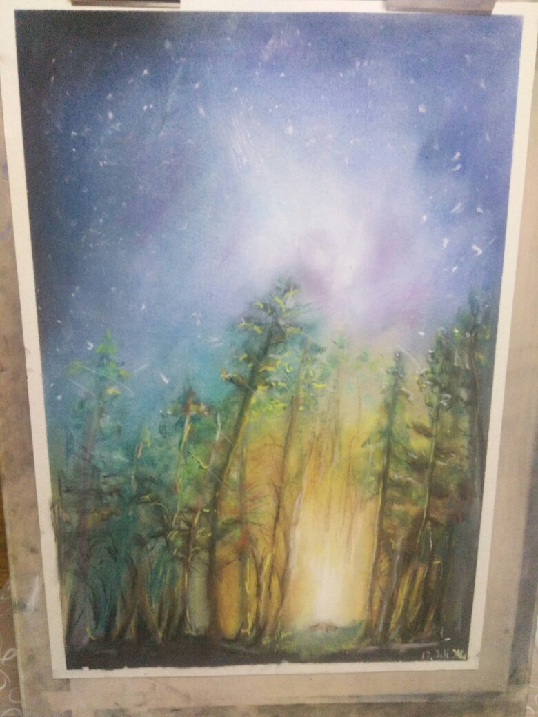 第三次色粉画,星空下的取火