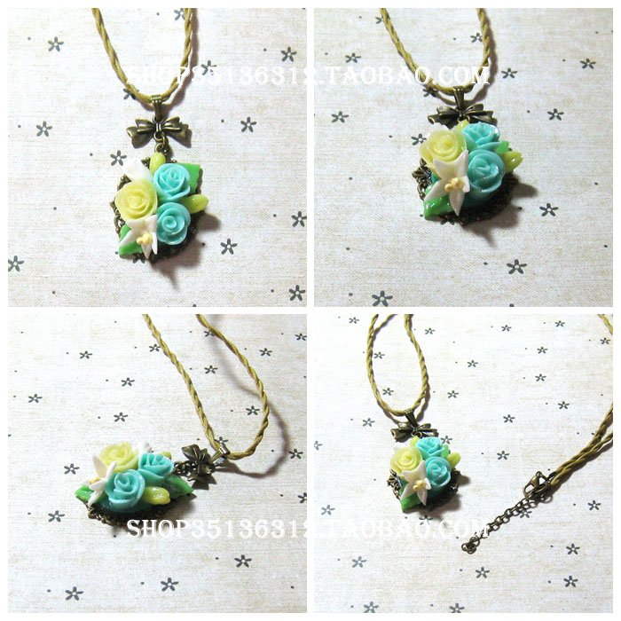 手作粘土粉紫黄绿玫瑰白百合项链花朵毛衣链个性首饰手工diy礼物