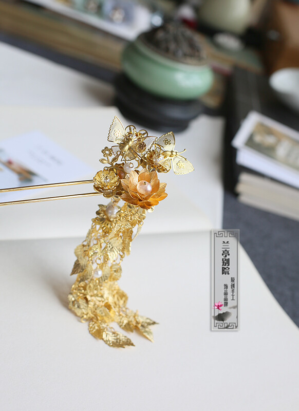 定制 金雀钗 升级版 原创手工金叶步摇立体古典发簪子汉服配饰兰亭别