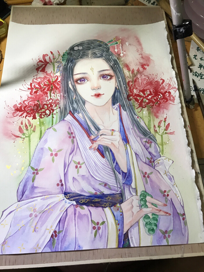 [作者 大花]古风水彩手绘彼岸花少女
