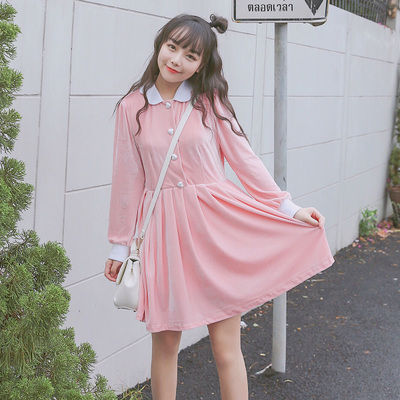 宋黛conybabe 日系甜美少女丝绒粉色复古百褶中长款减龄连衣裙春