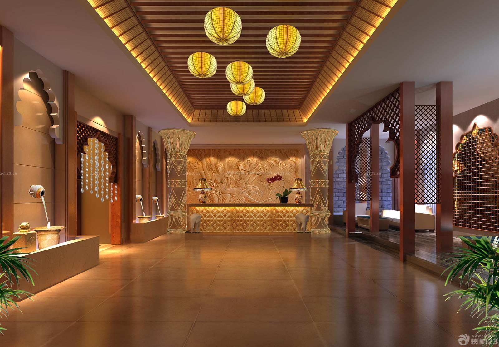 泰式按摩装修风格前台浮雕背景墙图片