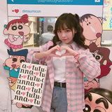 宋黛conybabe 可爱韩版纯棉学生长袖复古淡粉色格子宽松衬衫少女那些