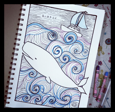 线描 大海 鲸鱼
