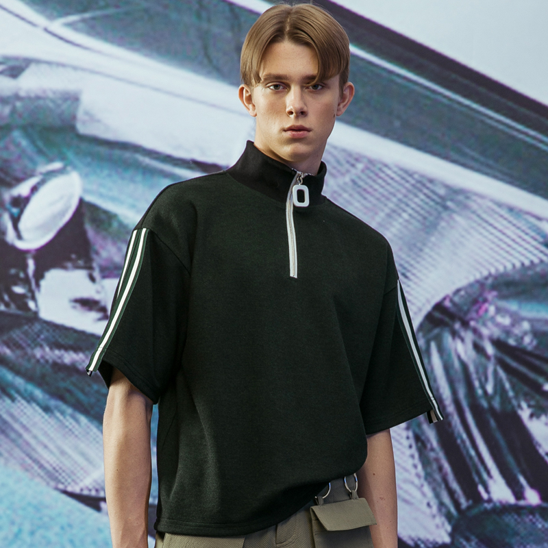 leonsense原创设计男装方扣拉链高领t恤墨绿色落肩袖廓形短袖上衣