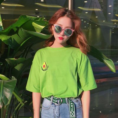 独家定制春夏女装韩版简约刺绣牛油果草木绿宽松短袖t恤学生上衣y
