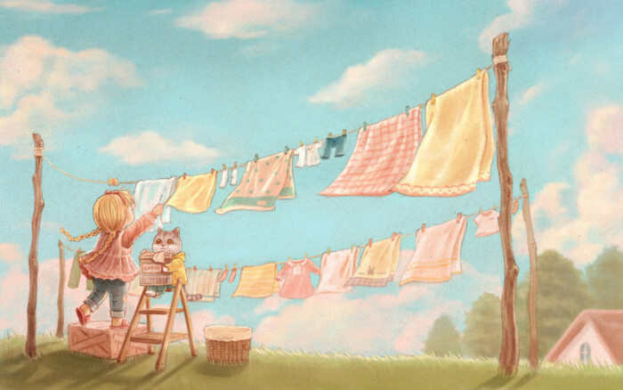 晾衣服 ~ 女孩 猫咪 插画 by ari
