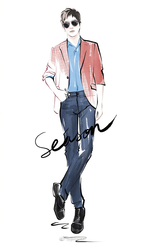 jjseason插画# #season明星插画# ----- @井柏然 格纹西装搭配牛仔裤