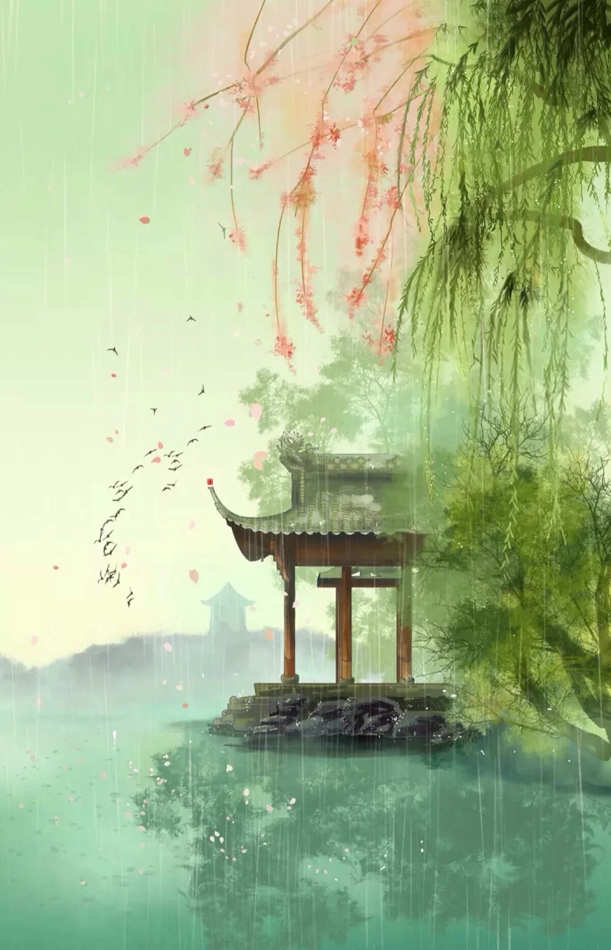 春犹浅,柳初芽,杏初花.杨柳杏花交影处,有人家.