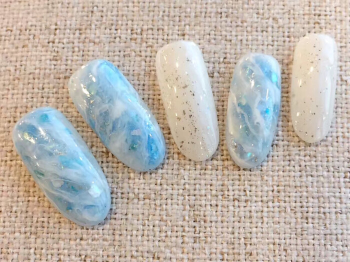 海洋 晕染 蓝色 大理石 美甲 夏