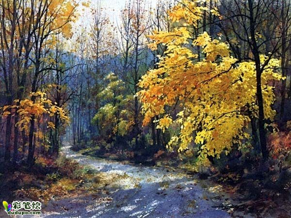 彩铅画|水彩画|彩笔绘-素描彩铅-zouqing-水彩静谧的山林