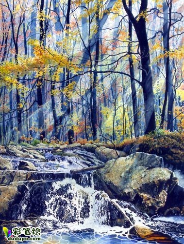 彩铅画|水彩画|彩笔绘-素描彩铅-zouqing-水彩静谧的山林