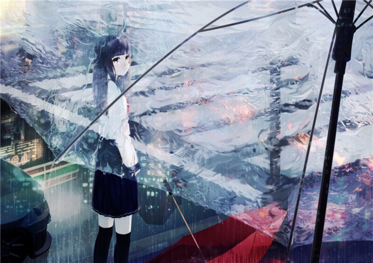 长发 水手服 少女 小清新 温馨 治愈 透明雨伞 雨萌 二次元 高清 壁纸