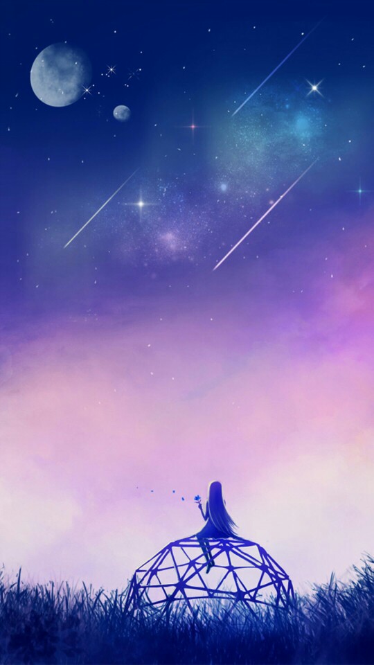 全屏壁纸,背景,少女,星空,月亮,唯美,文艺,蓝色,紫色
