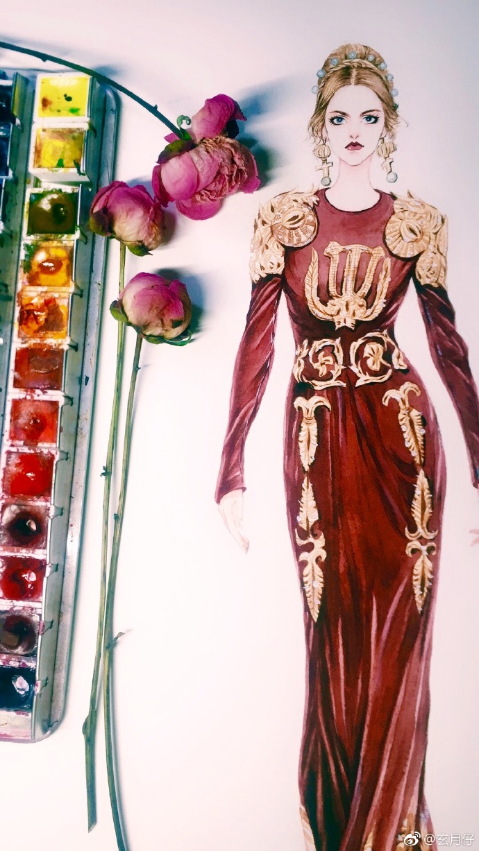 丝绒面料水彩范例@穿针引线官方微博 @手绘工场 @手绘控_ @服装插画