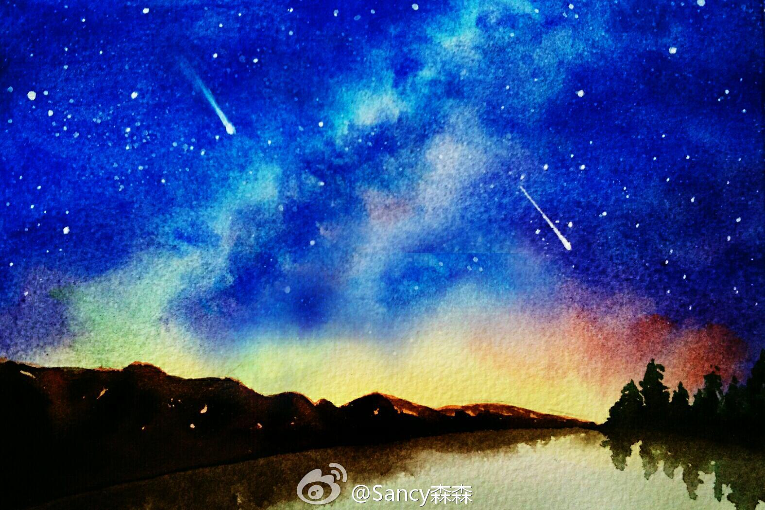 水彩画星空夜景图片