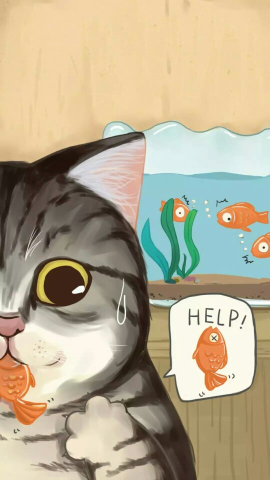 猫咪吃鱼 适合锁屏
