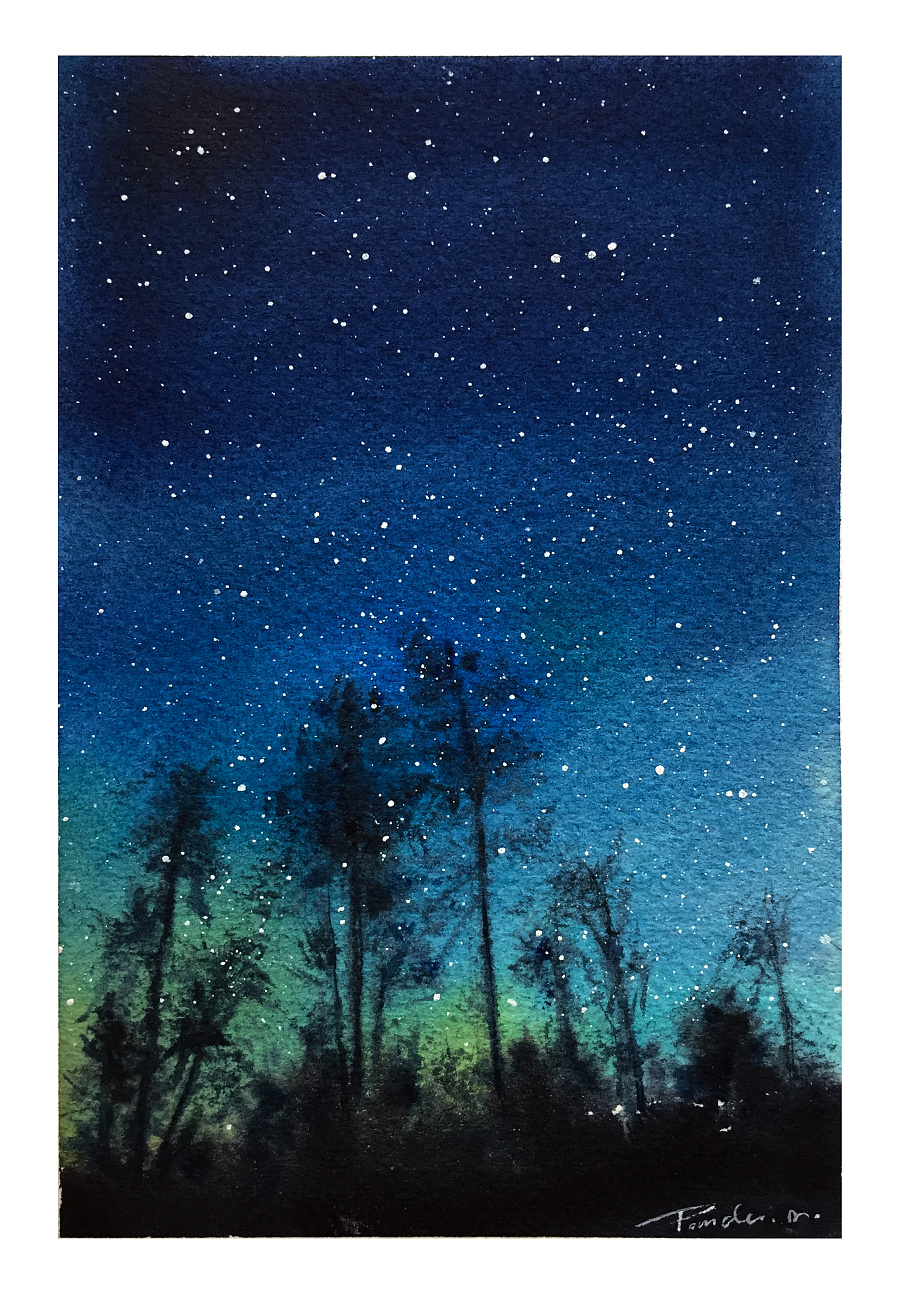 原创作品:【小熊猫】水彩星空手绘记录水彩风景速写手绘旅行水彩教程