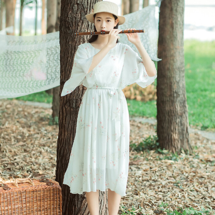 雪纺连衣裙女夏2017气质显瘦小清新碎花中长款仙女裙子学生
