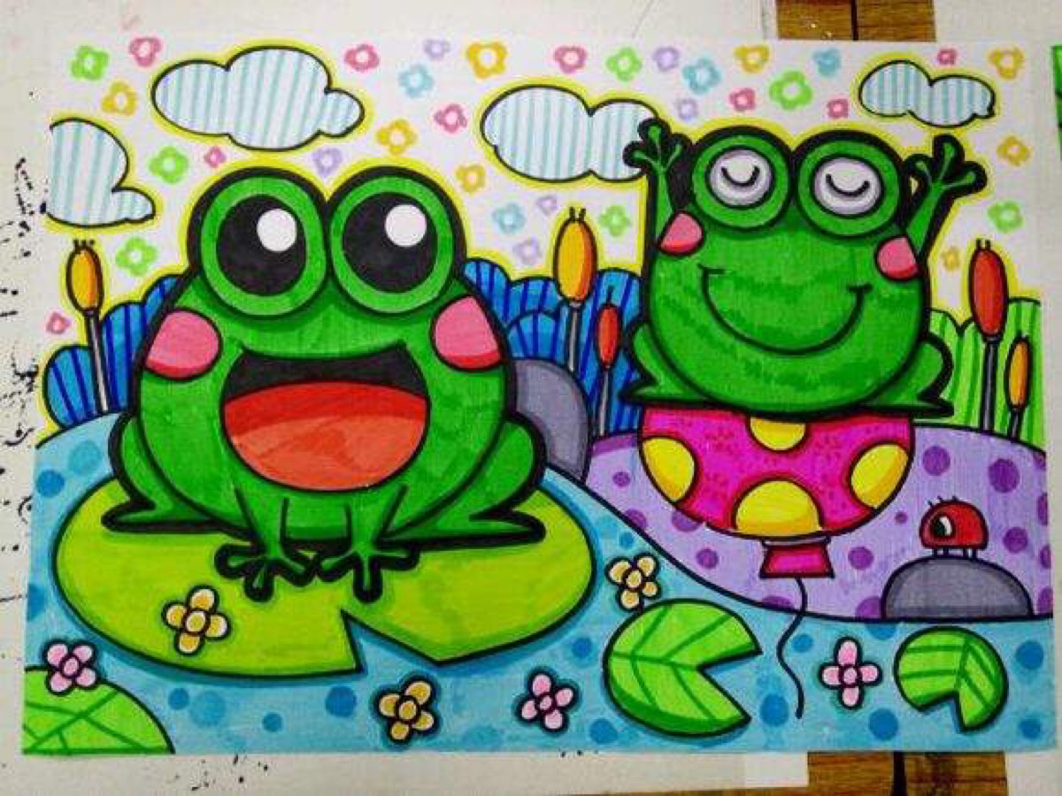 池塘里的小青蛙儿童画图片