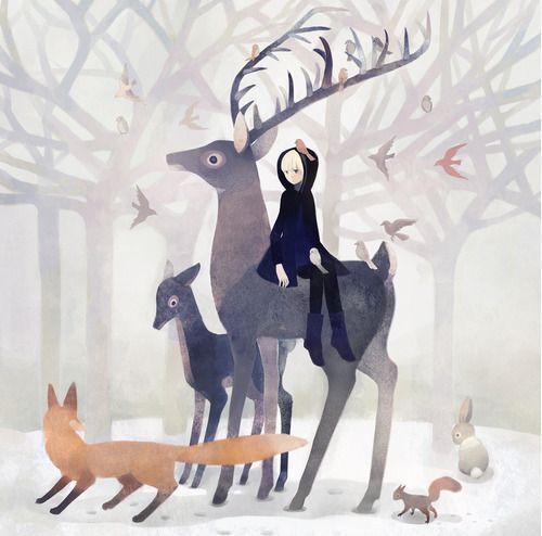 鹿,手绘,水彩,插画,唯美,壁纸,意境
