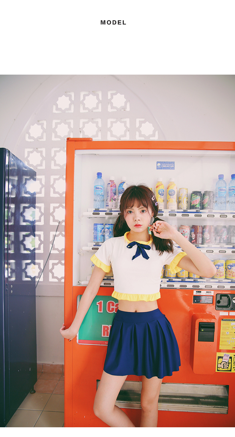 90up - 校园泳衣 可爱少女学生制服泳衣短袖显瘦保守游泳衣