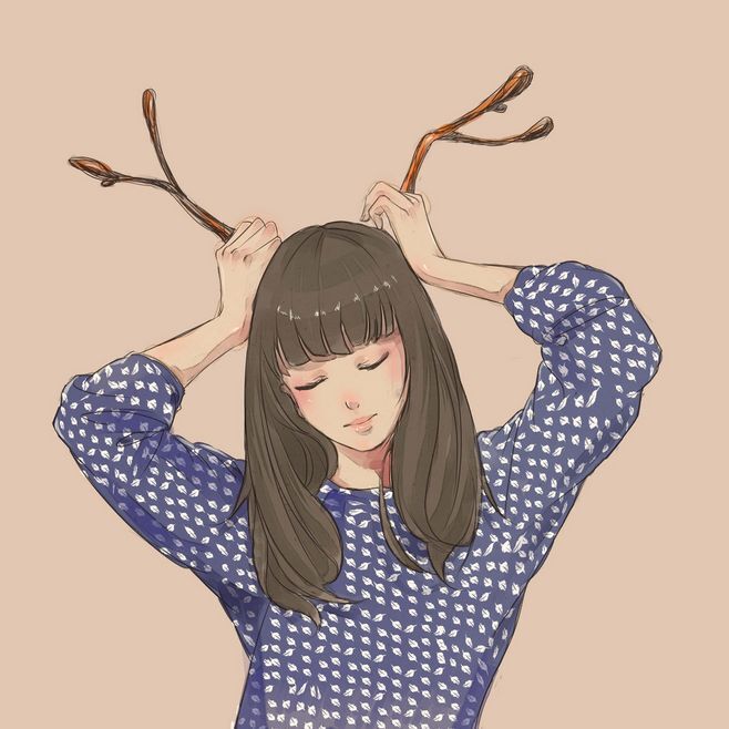 少女,鹿角,鹿,手绘,水彩,插画,唯美,壁纸,意境