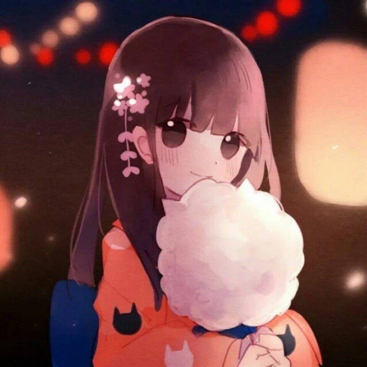 情头 漫画 二次元 棉花糖 黑发 女头 可爱风 和服 夜晚 灯火葳蕤