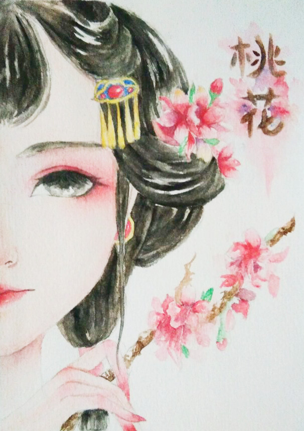 桃花拟人 古风水彩