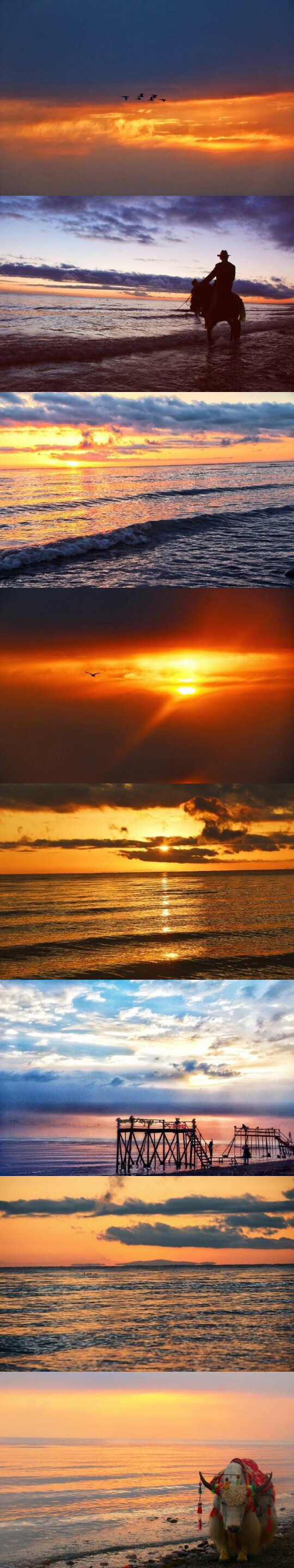 青海湖的日出宁静的湖面衬着霞光.