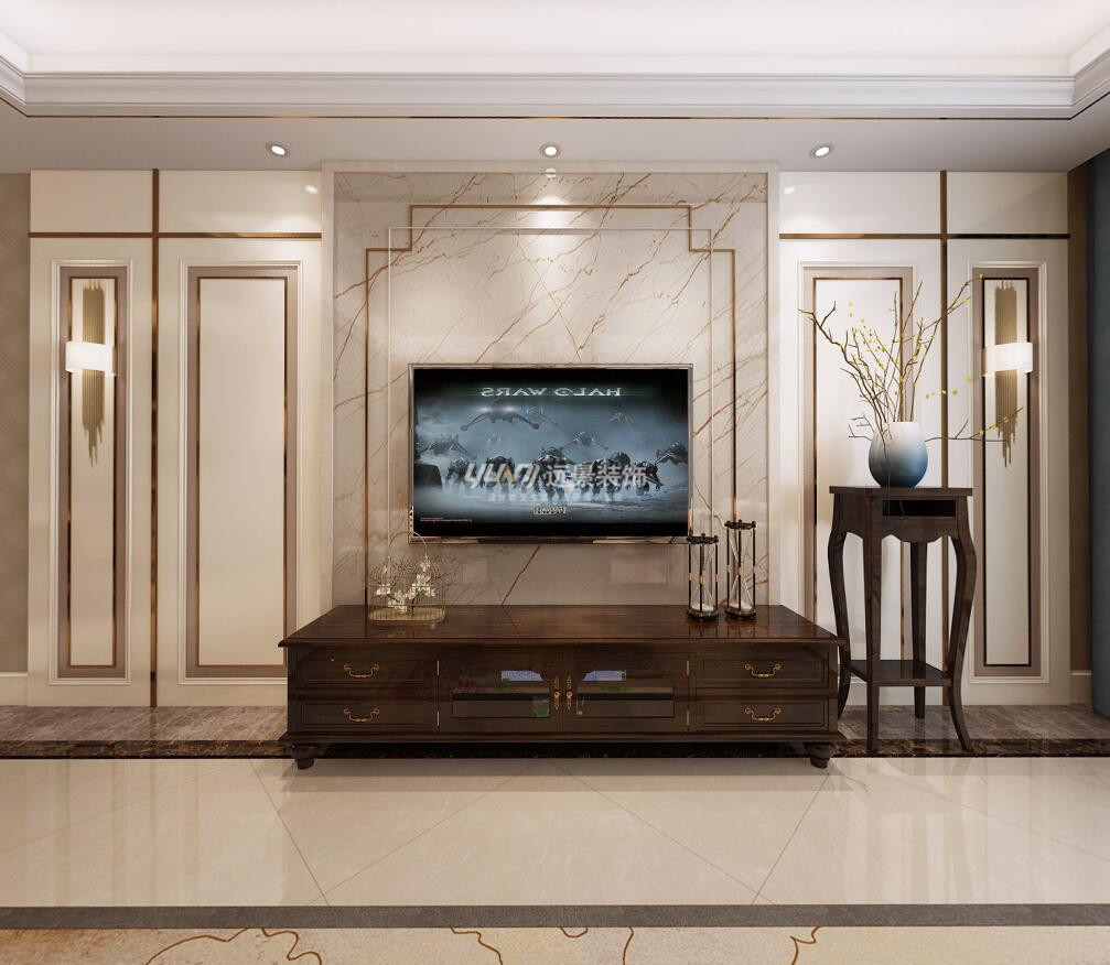 客厅电视墙新中式风格设计:电视墙大面积采用石材作为背景,简单又大气