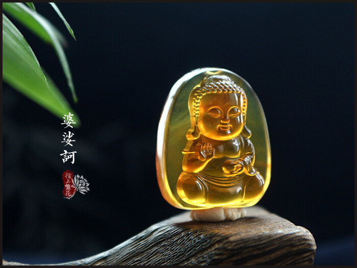 【婆娑诃】一图一物天然金棕琥珀宝宝佛挂件精品吊坠民族风附证书