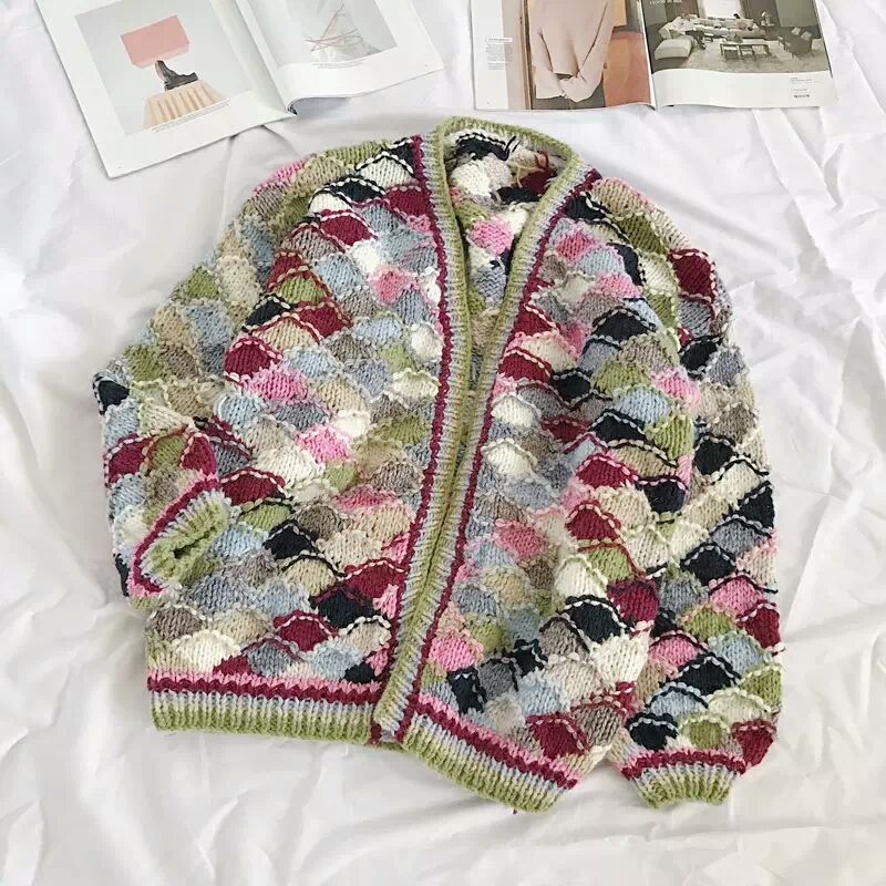 秋款手工棒针编织粗毛线花色宽松灯笼袖针织开衫毛衣外套女