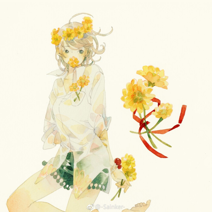 水彩 手绘 少女 插画 作者:@-sainker
