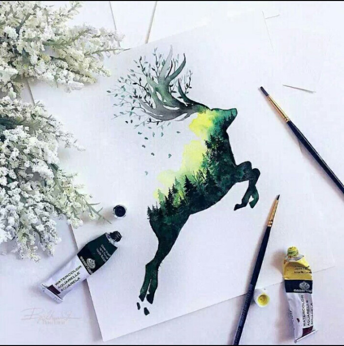 鹿精灵,空灵,插画,手绘水彩 illus,by ,rosies