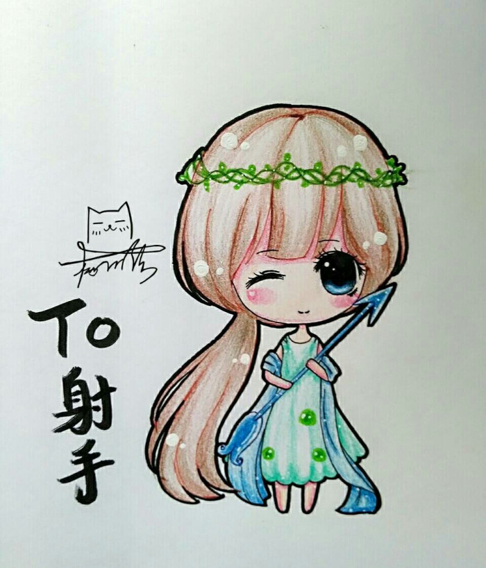 手绘 彩铅 q版 女孩 人设 , , , , 射手 氧气