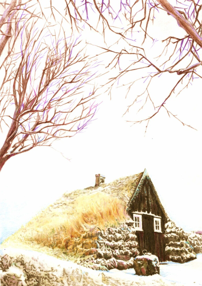彩铅画房子树木风景画图片