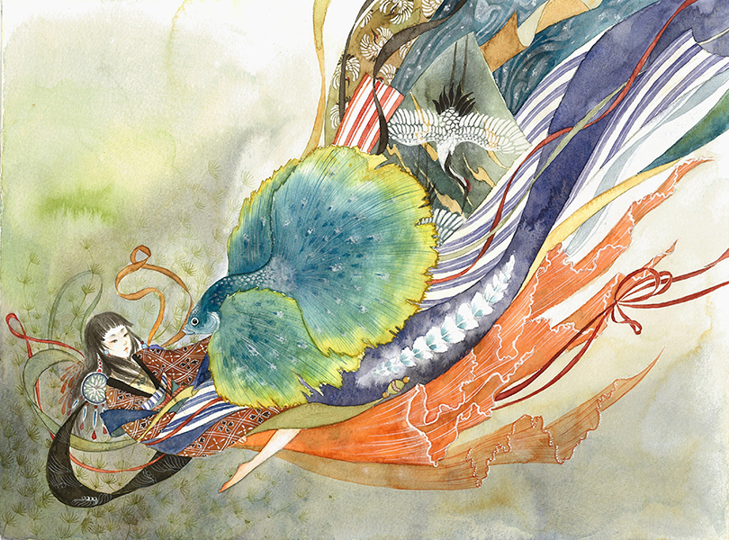 中国插画师齐书仪作品-孔雀鱼少女-古风水彩