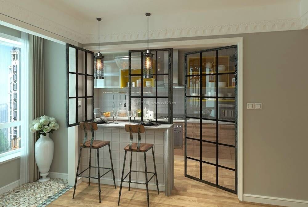 美式混搭厨房隔断吧台设计装修效果图